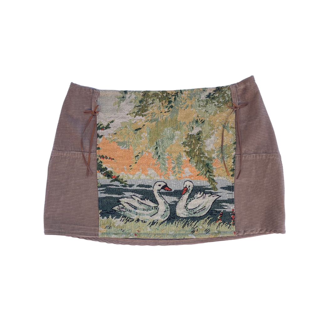 Up-cycled swan tapestry mini skirt